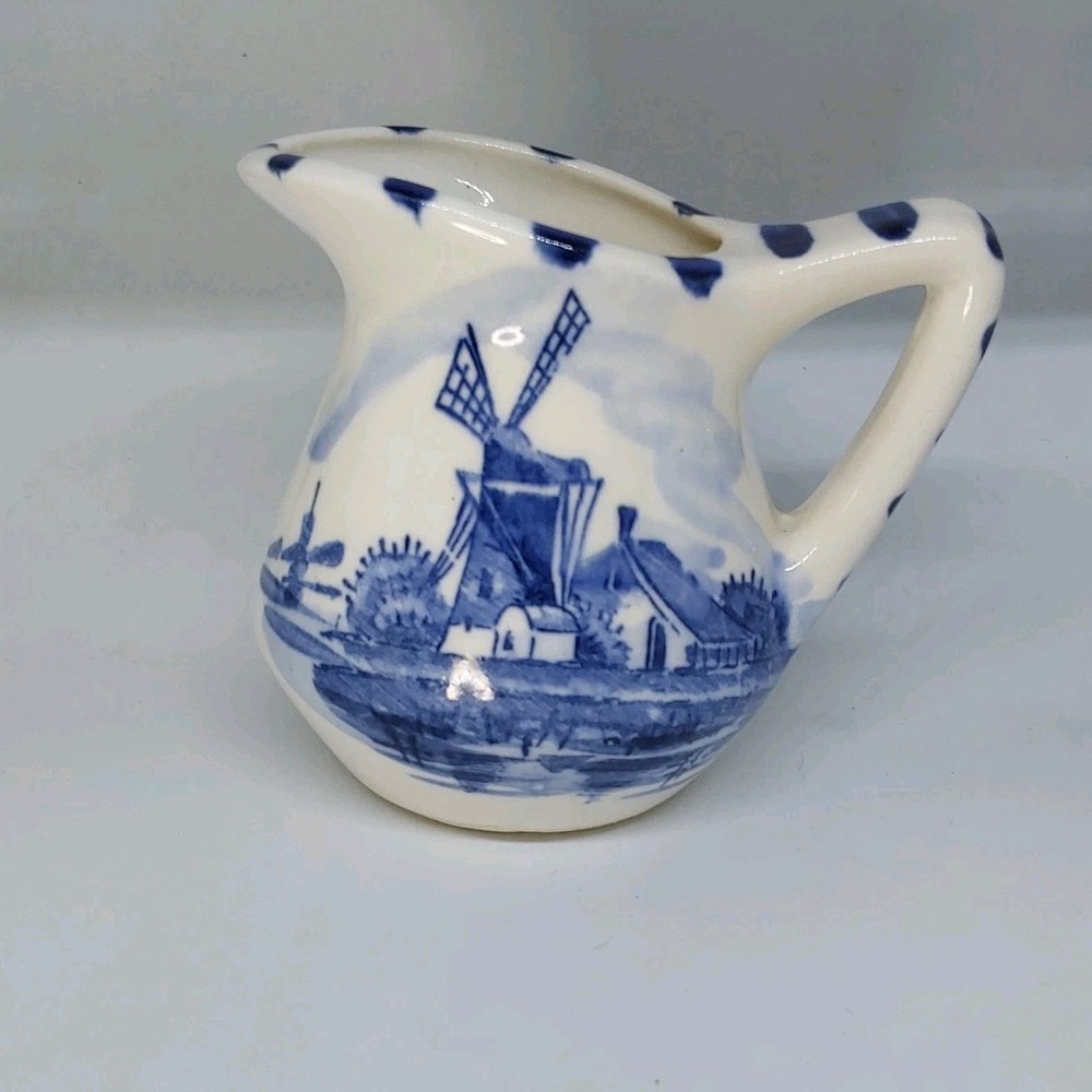 Vintage Delft Blue &‎ White Creamer Hand Painted Windmill Flowers Japan